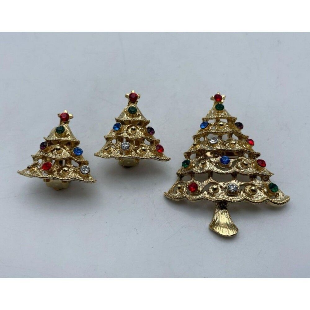 Vintage Gold Tone Multi-Color Rhinestone Christmas Tree Brooch/Pendant/Earrings